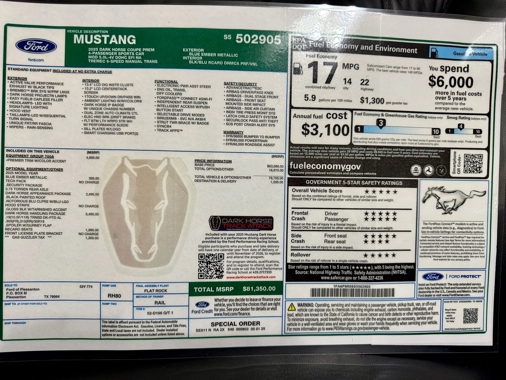 S650 Mustang 2025 Mustang Darkhorse, 6 speed, Premium, Handling Package, Blue Ember, 321 miles!  Price drop = 66,500! (81,350 MSRP) IMG_3678