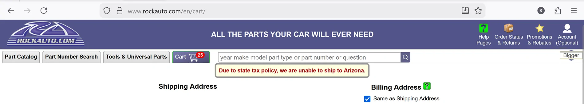 S650 Mustang RockAuto no longer ships to AZ 1763410022409-ra