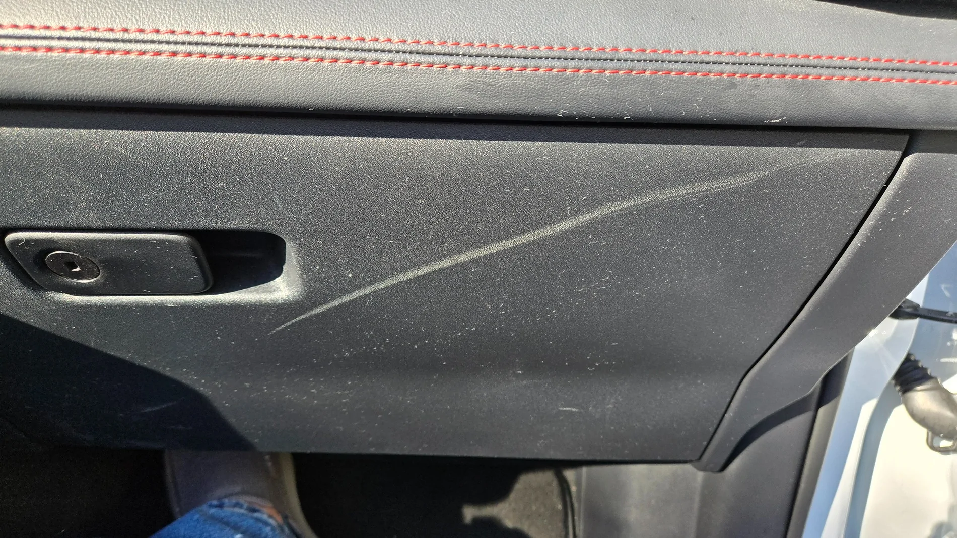 S650 Mustang Scrape on plastic glove box door. 20260213_151358