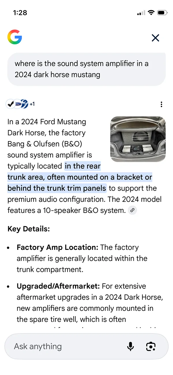 S650 Mustang Mustang Dark Horse Bang and Olufsen Sound System. IMG_1537