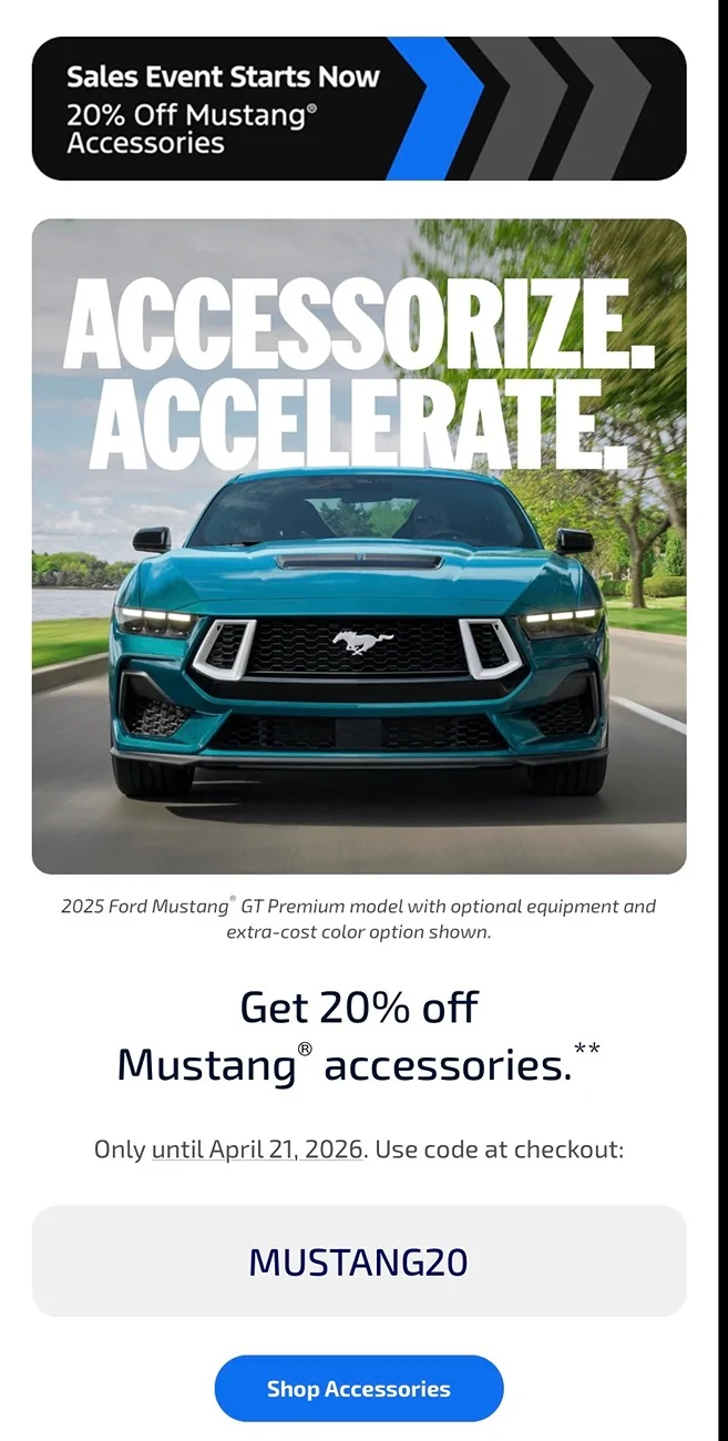 S650 Mustang 20% Sale on Mustang Accessories Offer From Ford (Use Code: MUSTANG20) Here is the link: IMG_8160