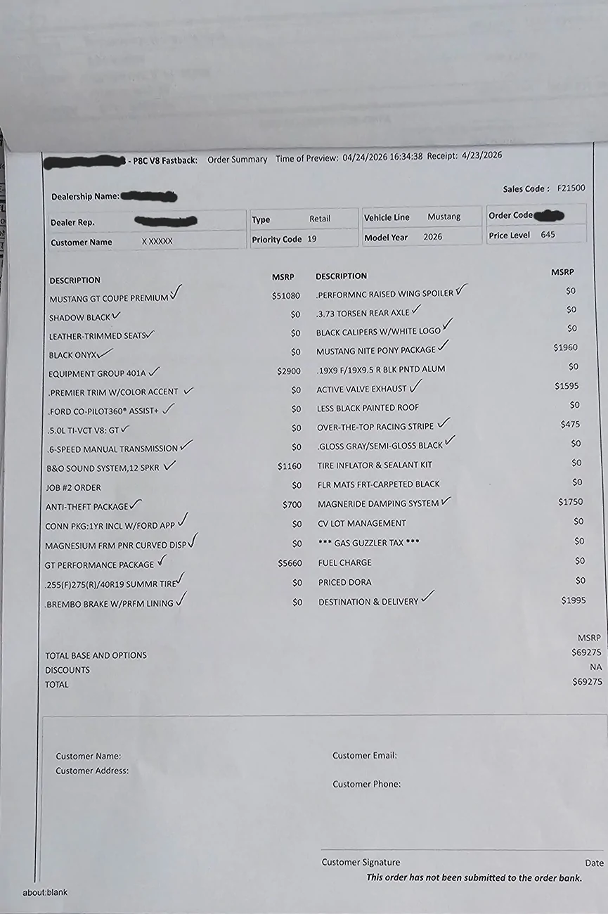 S650 Mustang GT Premium Ordered! Build Sheet