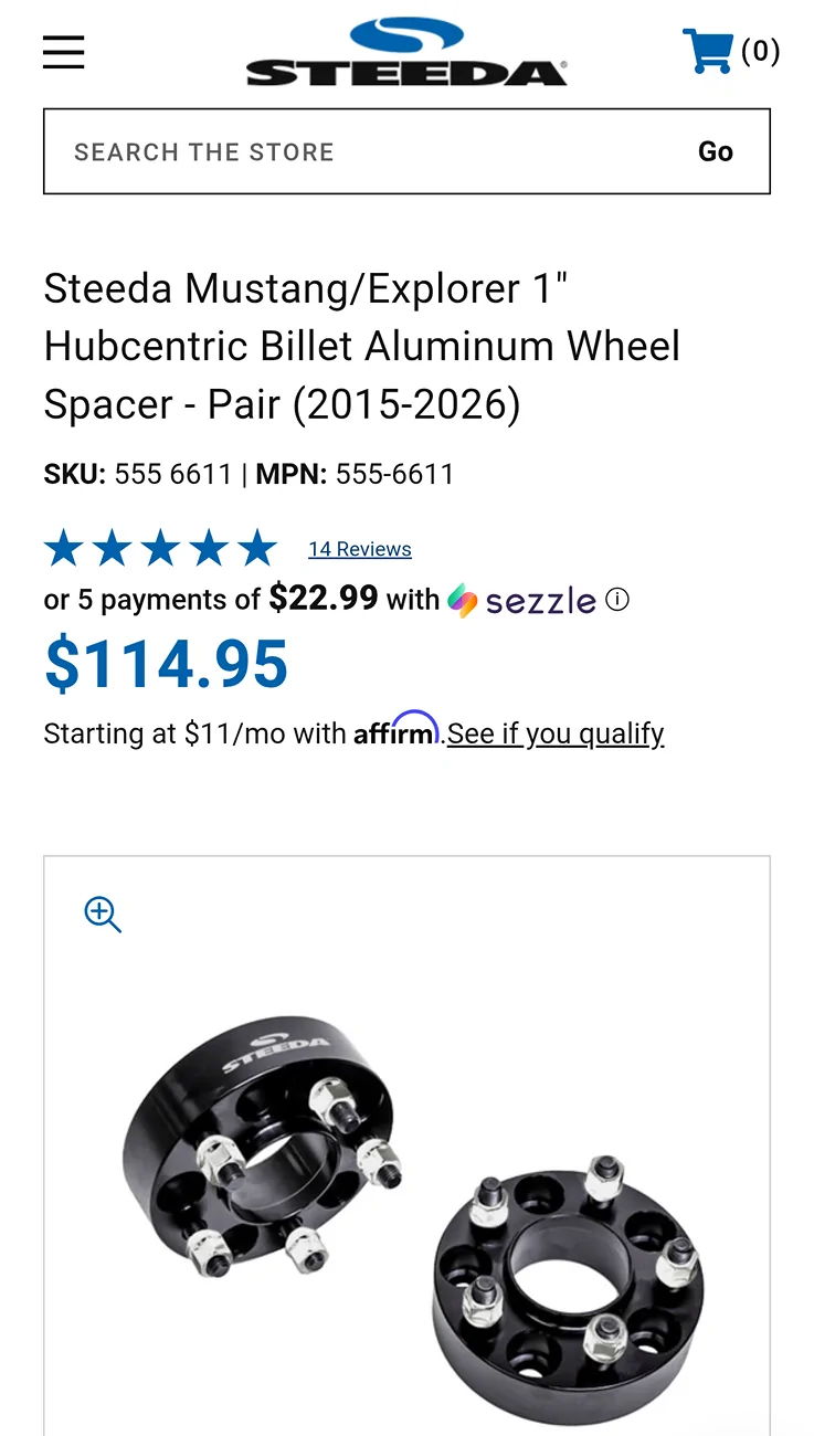 S650 Mustang Steeda Mustang/Explorer 1" Hubcentric Billet Aluminum Wheel Spacer - Pair X2 - $135 1000015288