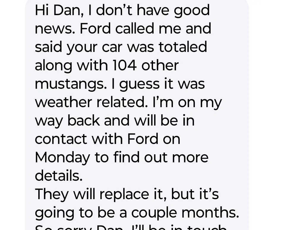 S650 Mustang HAIL STORM IN FLAT ROCK TOTALING 105 MUSTANGS!!! Screenshot_20260720-163941