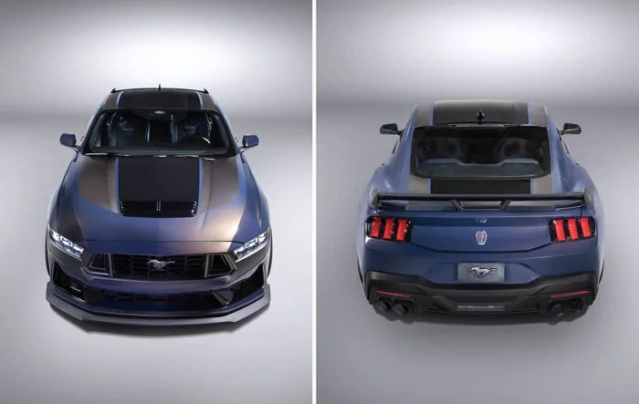 New 2024 Mustang Dark Horse details: color-shifting Blue Ember paint, stripe options, interior look