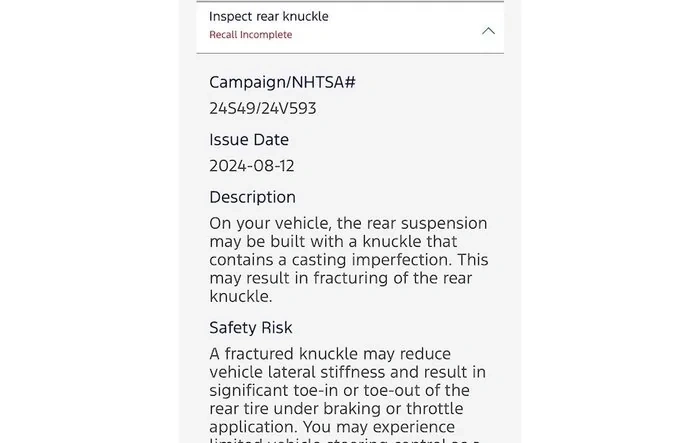 NHTSA 24S49 Safety Recall - Inspect Rear Knuckle