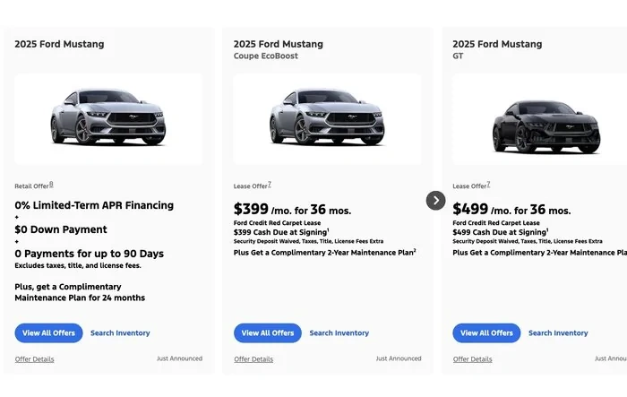 0% interest (48 months) and Leasing Incentives announced for Mustang.