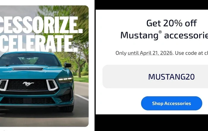 20% Sale on Mustang Accessories Offer From Ford (Use Code: MUSTANG20) Here is the link: