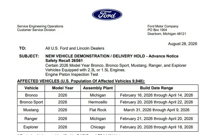 Recall 26S61 / 26V548000 - Improperly manufactured engine pistons may fail and cause engine failure (Mustang 2.3L)